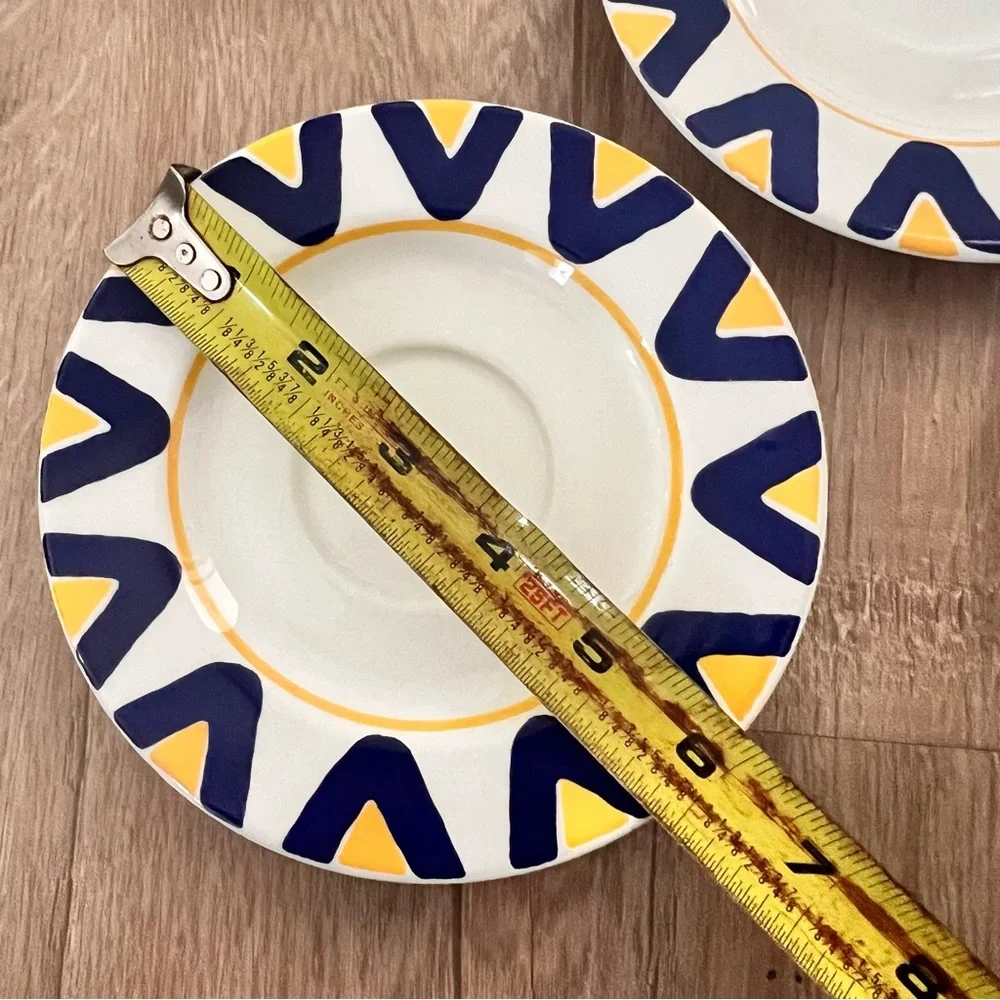 Rare‎ 5 PCs Italian Mid-Century Blue Yellow Geometric Saucers By Lillian Vernon